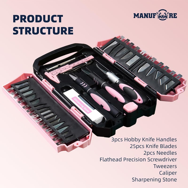 MANUFORE 34pcs Large Exacto Knife Set Pink Deluxe Craft Precision Knife Set Include 3pcs Craft Knives with Anti-Slip Rubber Grip, 25pcs Different Blades, 2pcs Needles, Sharpening Stone, Screwdriver - Image 2
